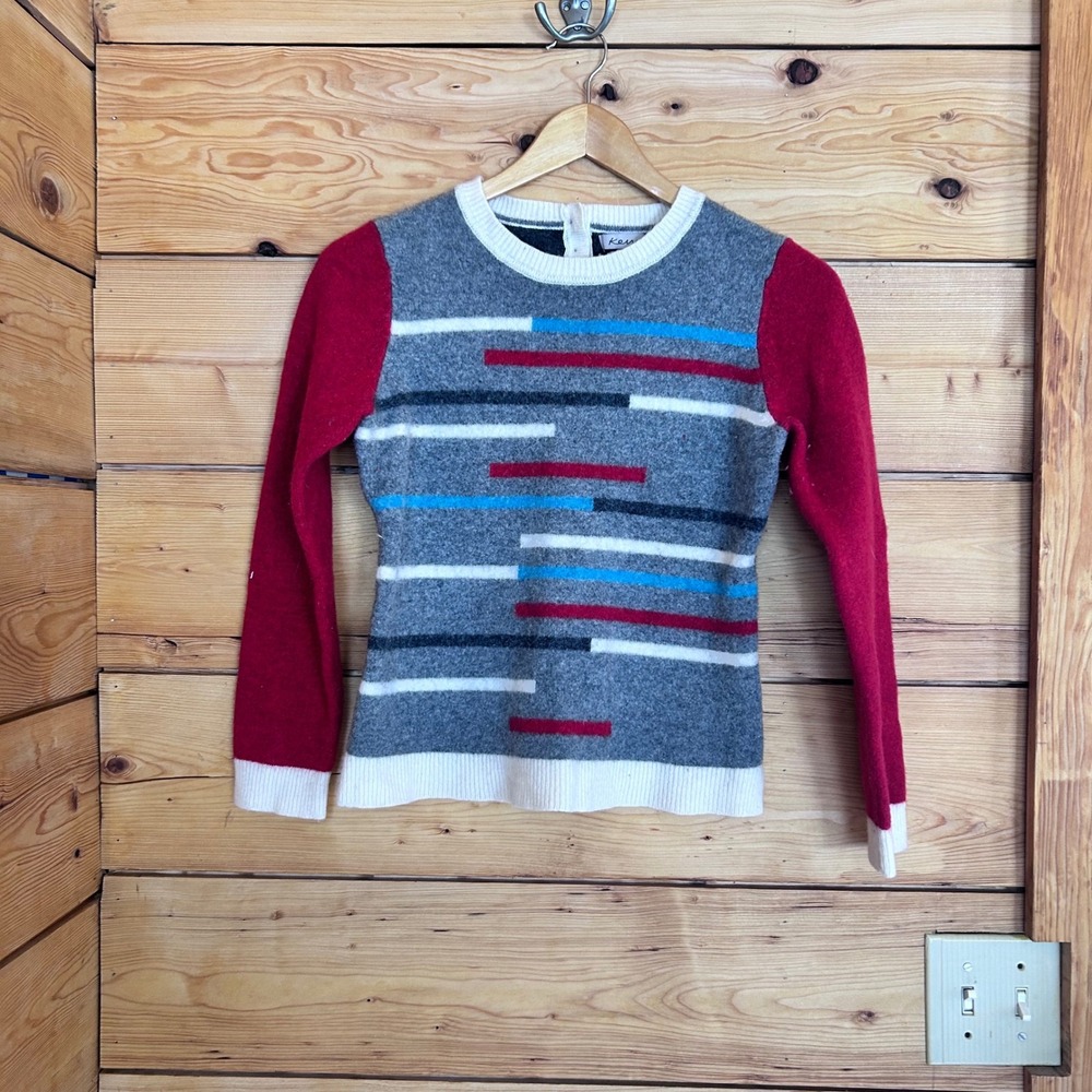 Extrafine Merino Wool Colorblock Sweater Women Small Grey Red Geometric Mod KEW